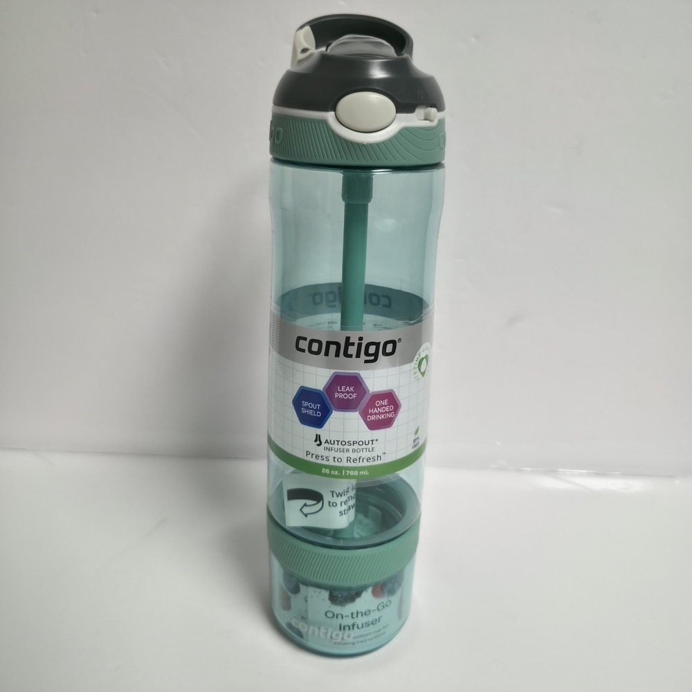 Contigo Ashland Autospout Fruit Infuser Water Bottle Straw Lid 26oz Green Teal